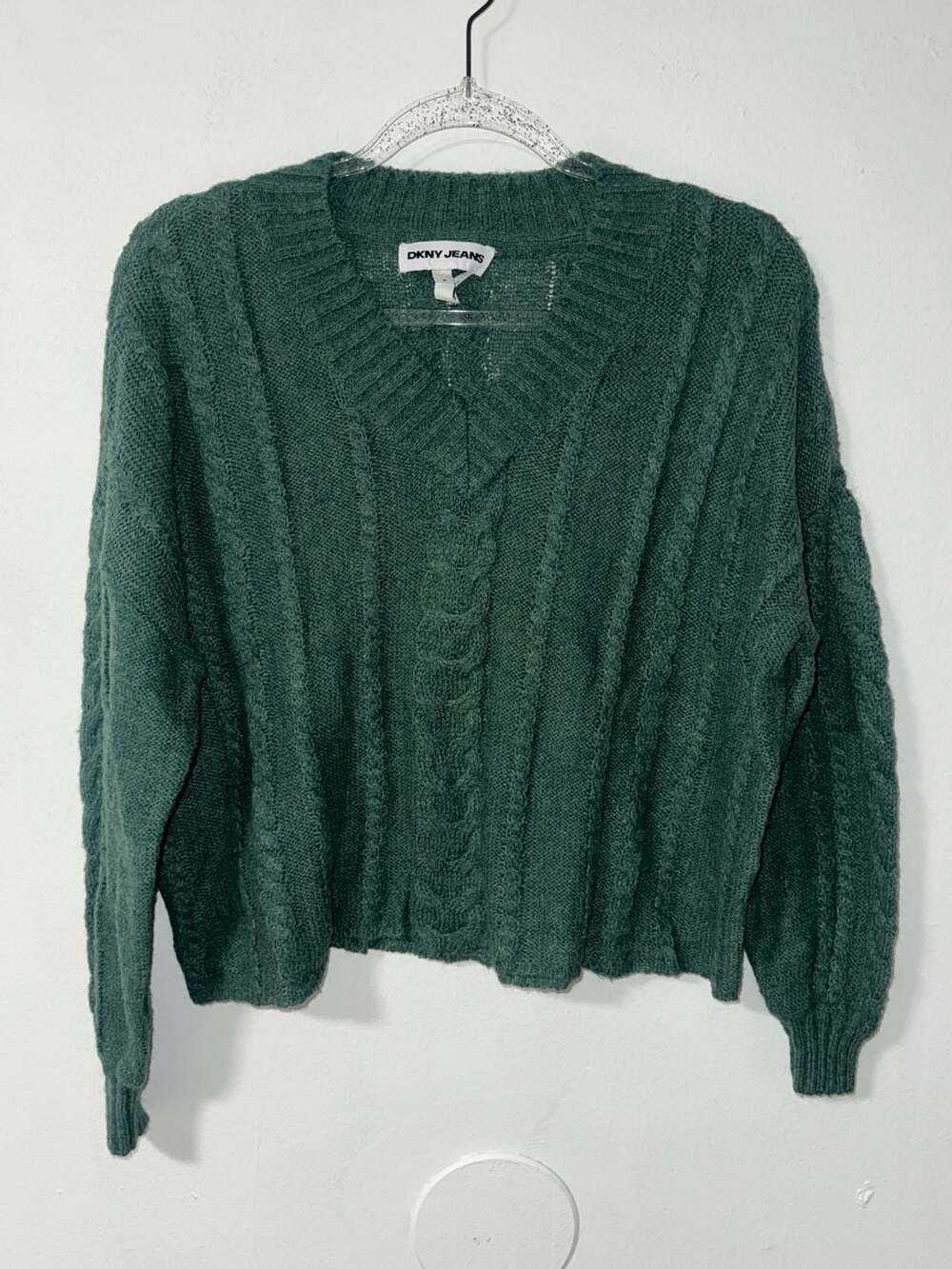 DKNY Jeans Forest Green V-Neck Cable Knit Oversized Sweater Size M